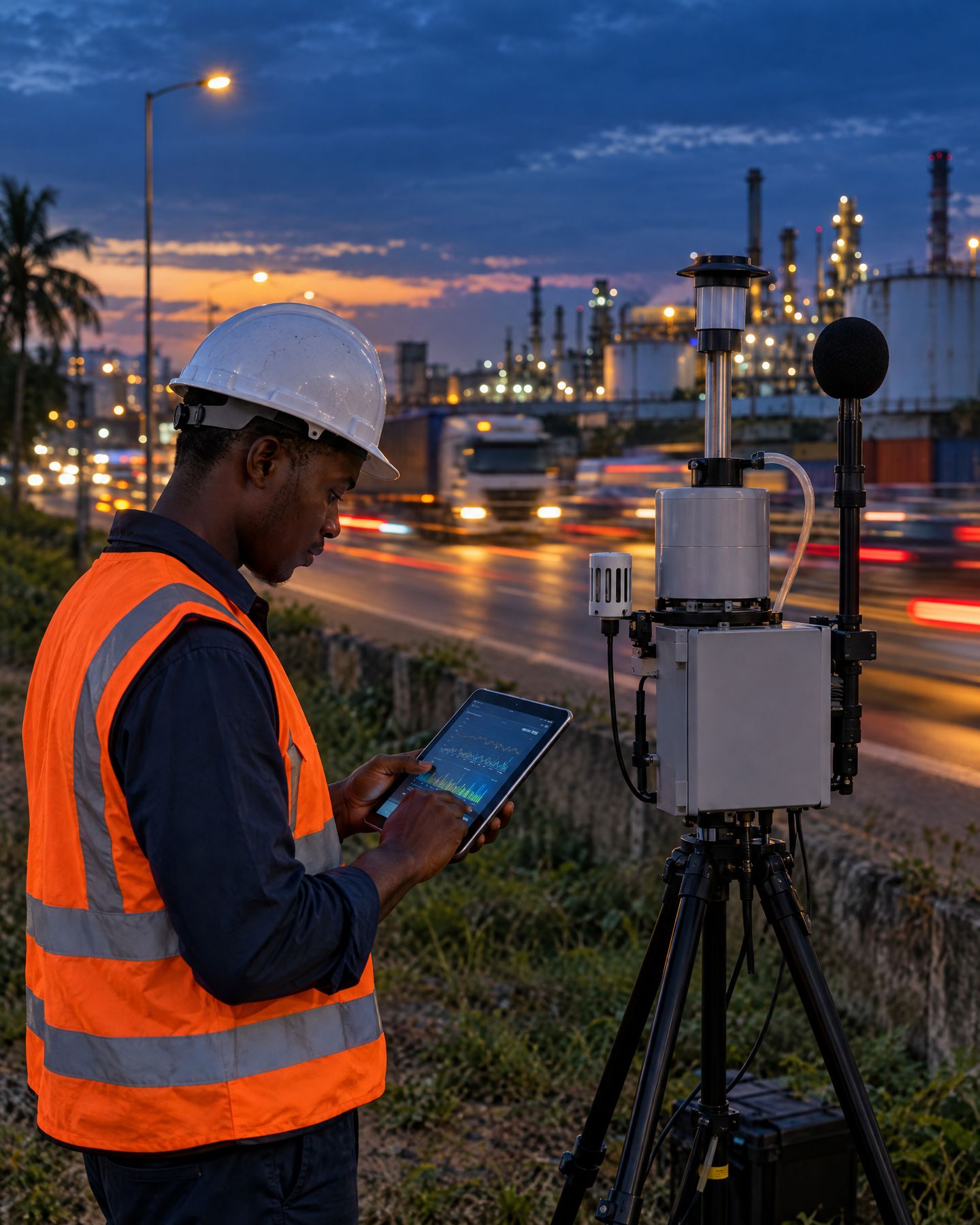 Technicien relevant les mesures d'une station de surveillance de l'air et du bruit au crépuscule