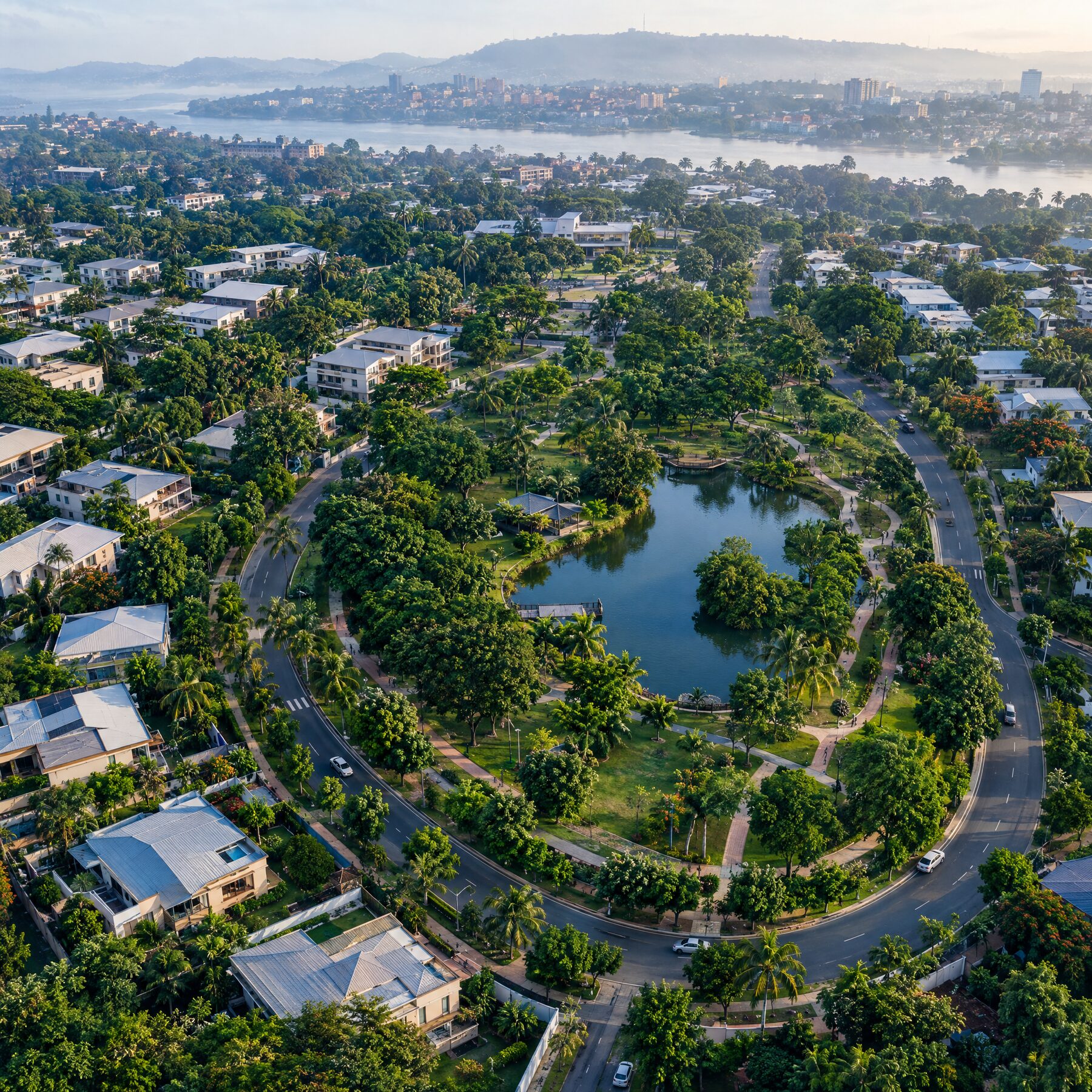 Quartier planifié et végétalisé vu du ciel