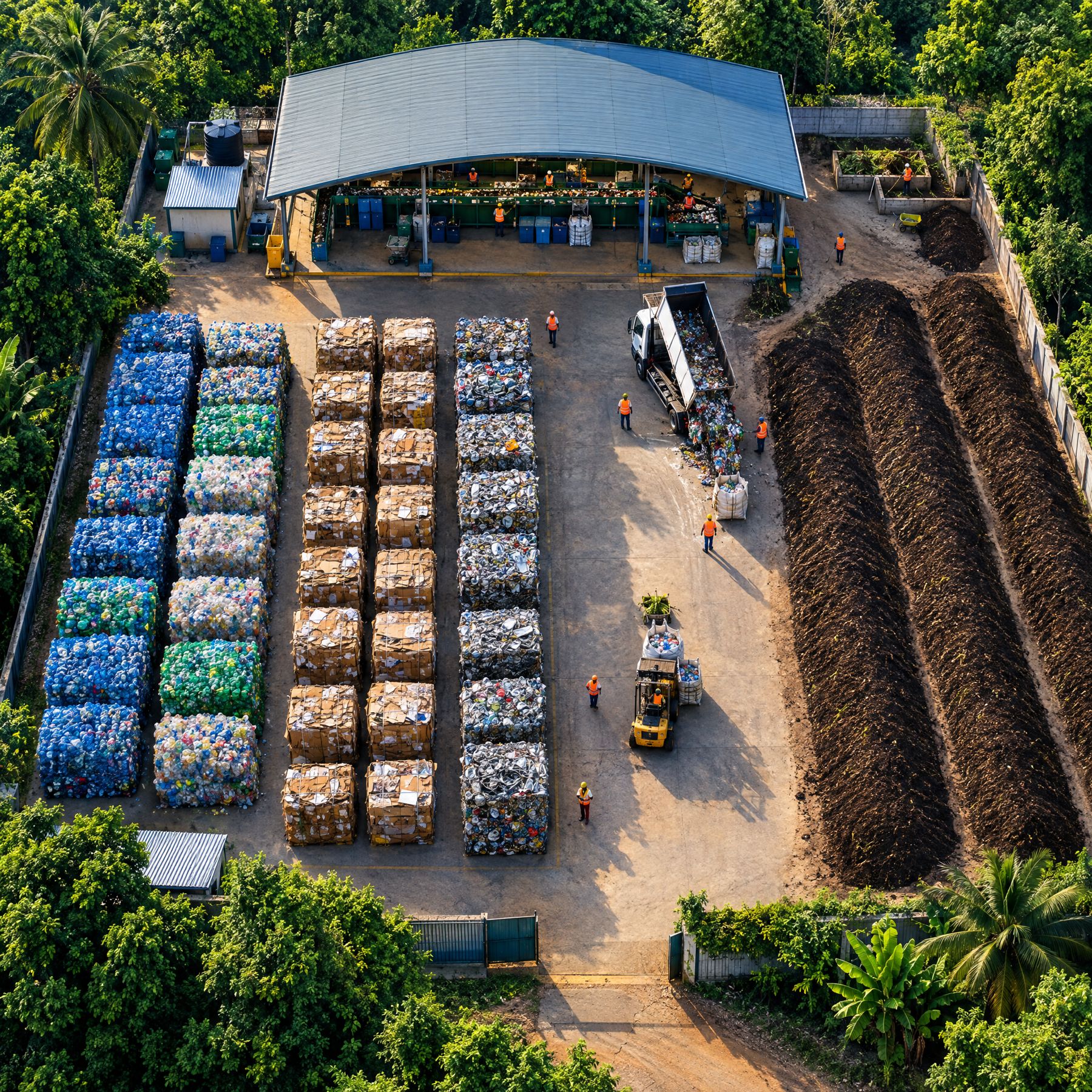 Centre de tri et de valorisation des déchets, balles triées et andains de compost vus du ciel