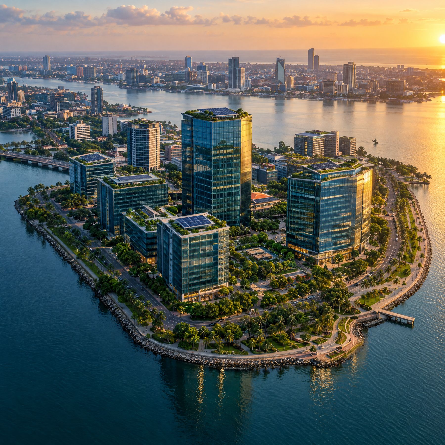 Quartier d'affaires aux toits végétalisés et solaires au bord d'une lagune, vu du ciel