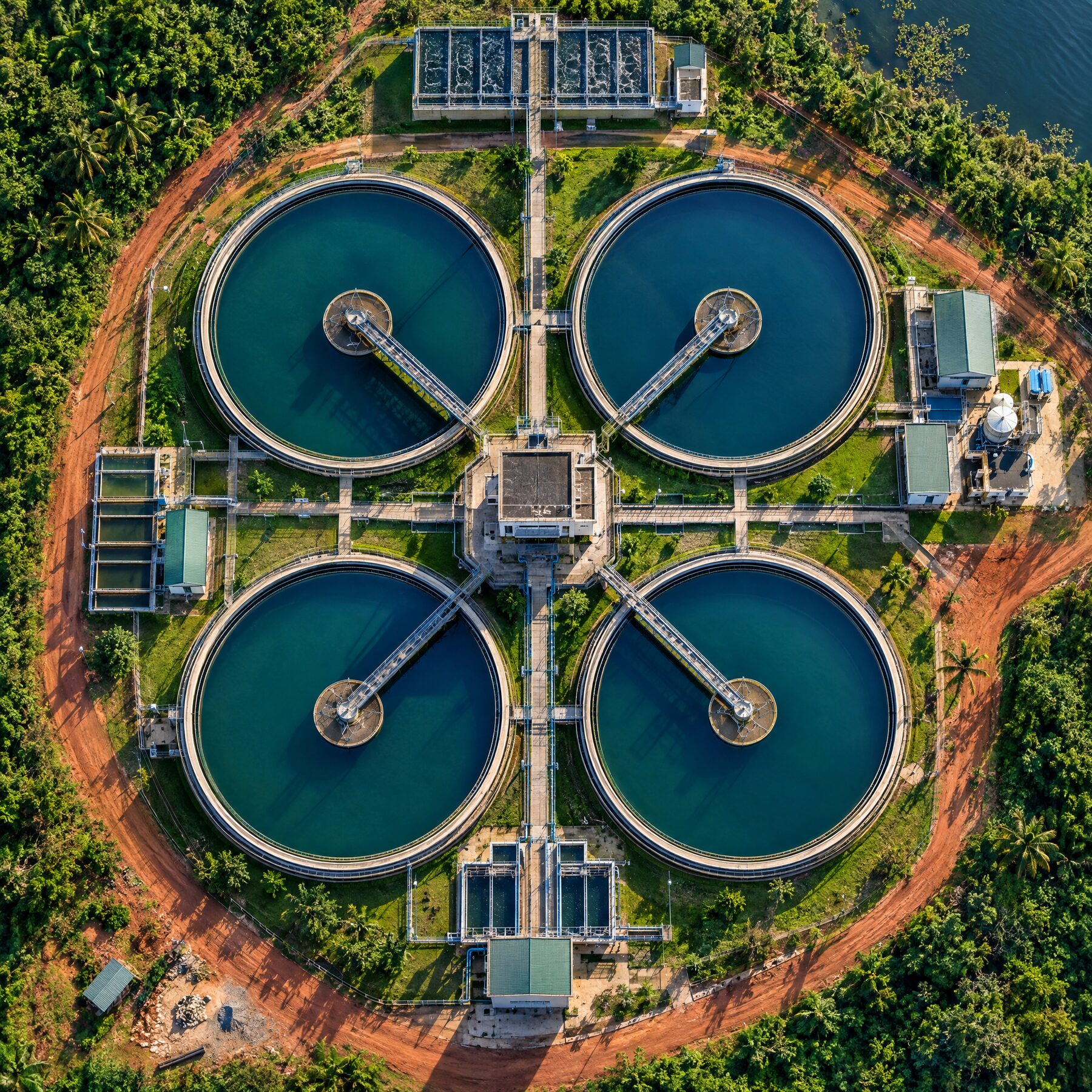 Bassins circulaires d'une station de traitement des eaux vus du ciel