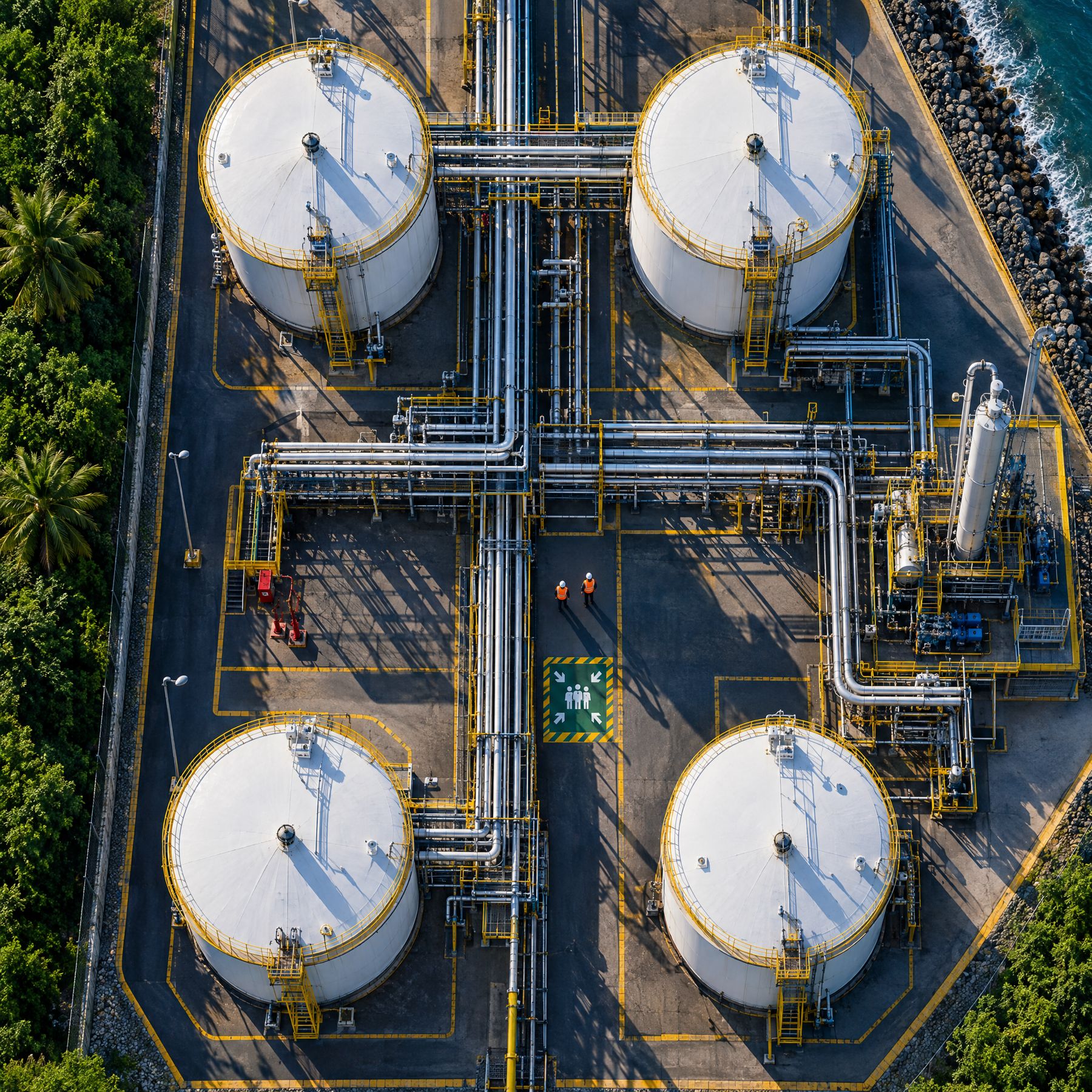Vue aérienne d'une usine de transformation, de ses réservoirs circulaires et de ses racks de tuyauteries